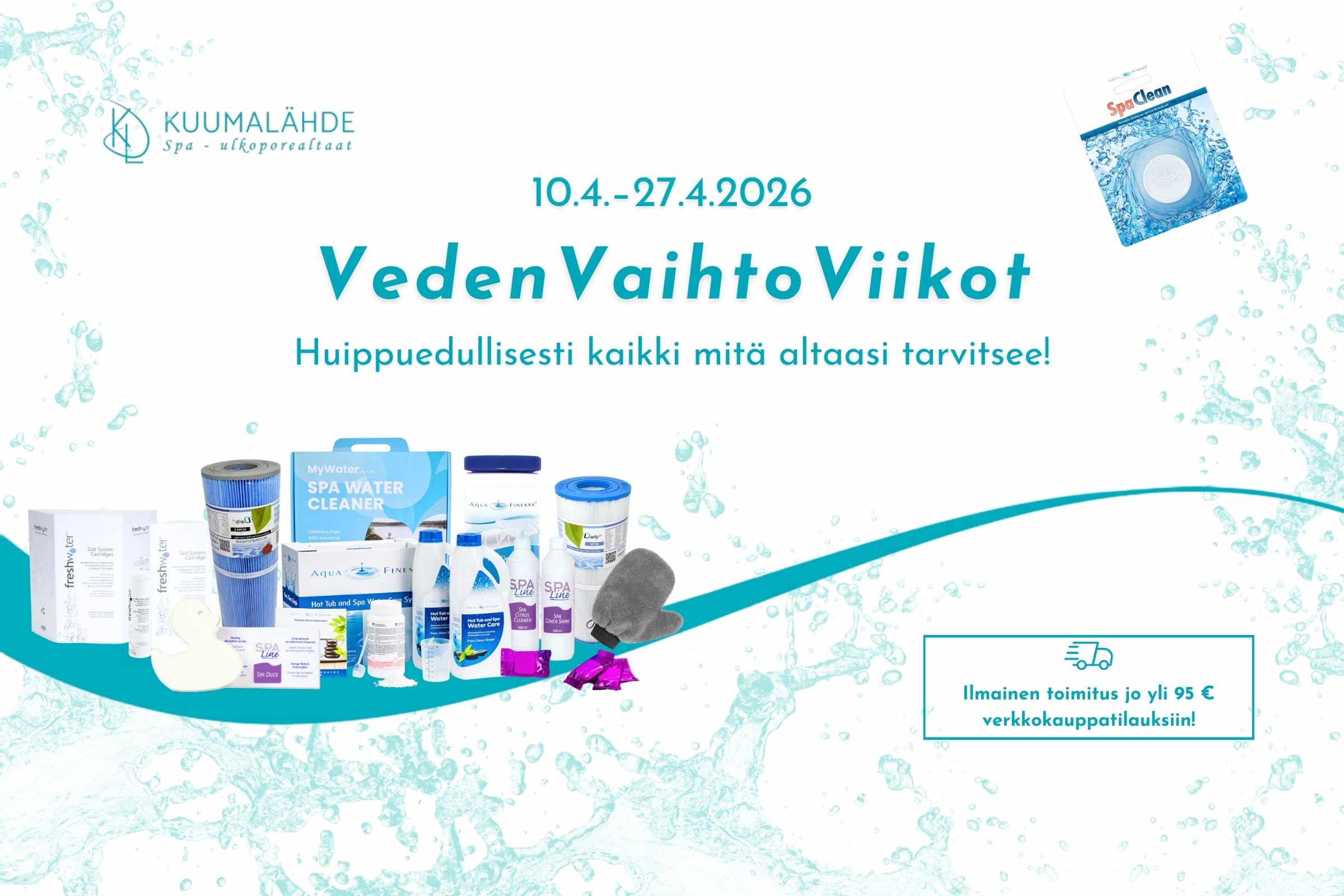 VedenVaihtoViikot kevät 2026, etusivun näyteikkuna kuumalähde-ulkoporeallas-suojapeite-tarjous-harmat-suojapeitteet-ja-musta-suojapeite-lumisenen-maisema